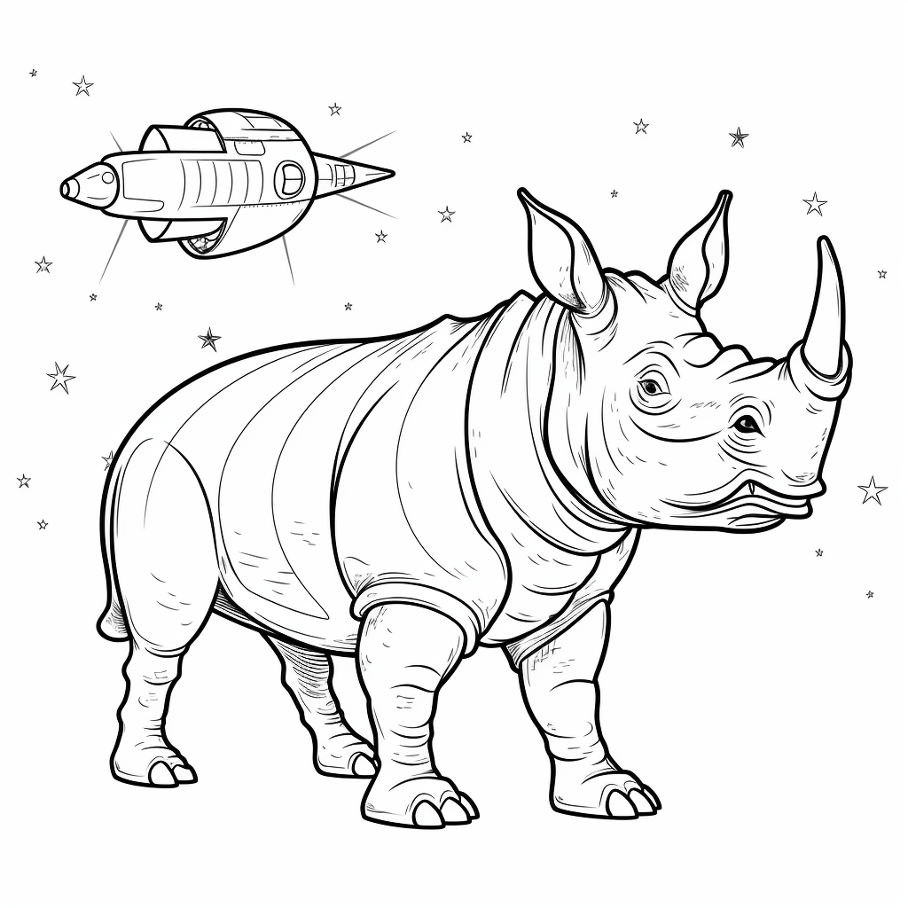 Nashorn baut Rakete aus Schrott Ausmalbild und Malvorlage