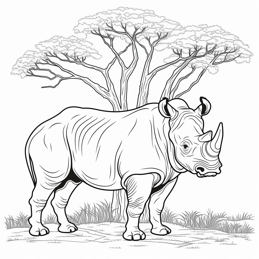 Nashorn frisst Blätter von Baum Ausmalbild und Malvorlage