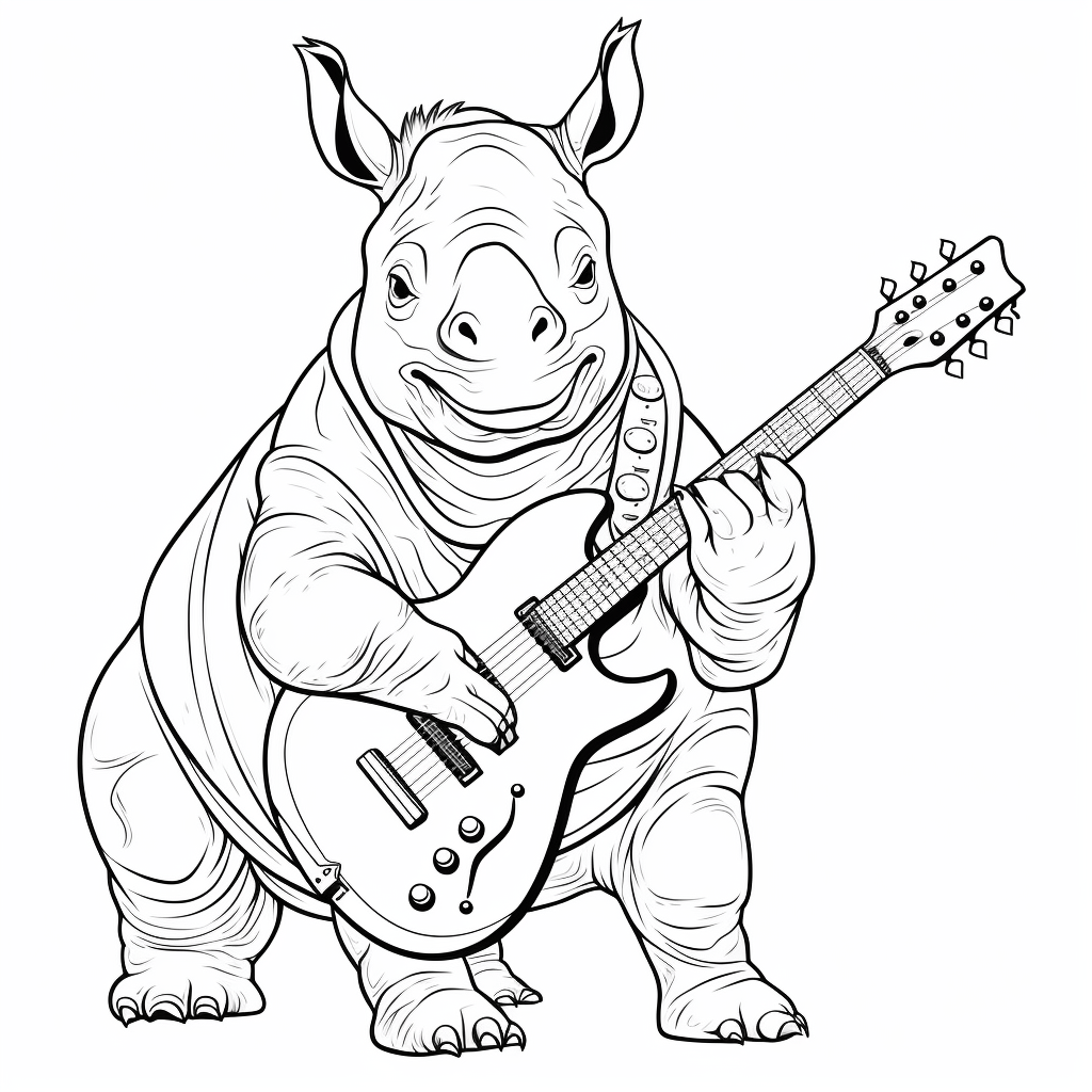 Nashorn spielt Gitarre und singt Ausmalbild und Malvorlage