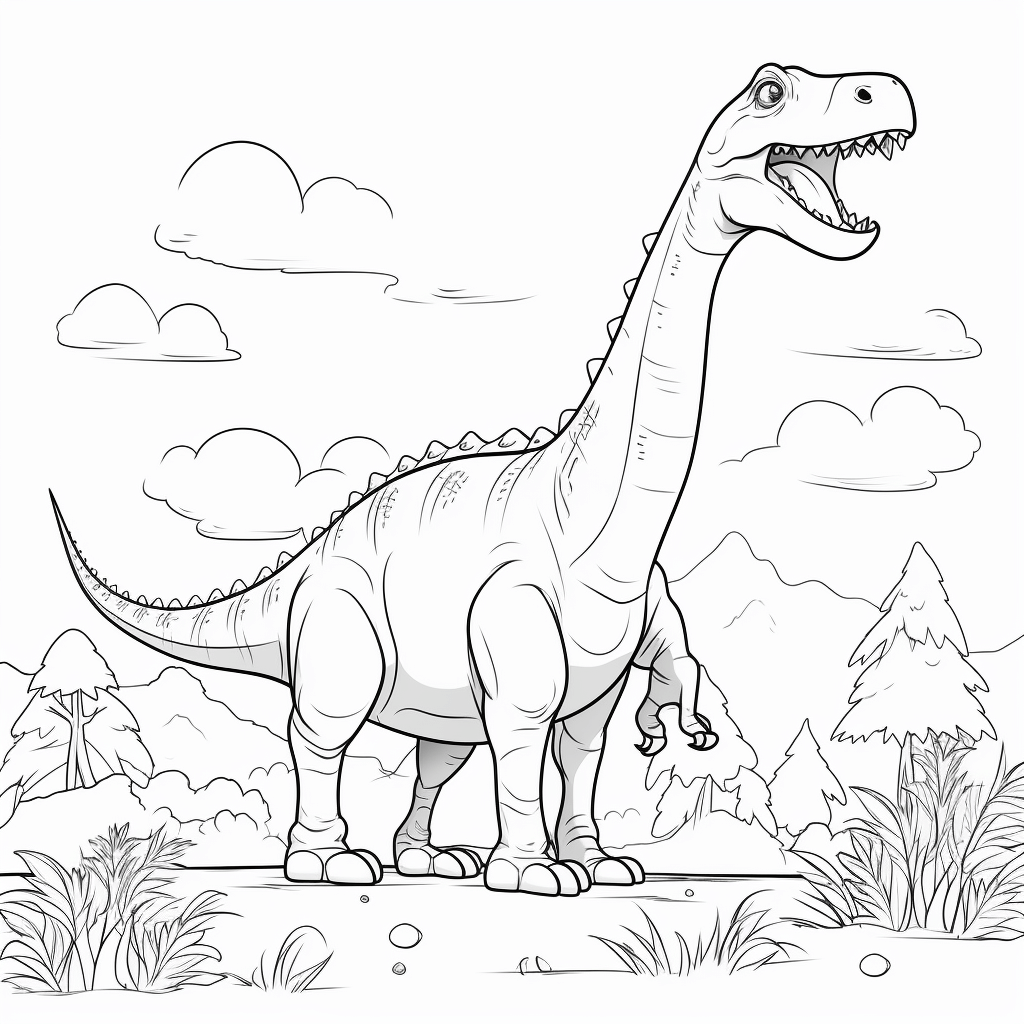 Nervöser Apatosaurus vor einem T-Rex Ausmalbild und Malvorlage