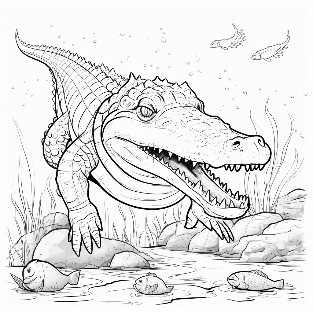 Nilkrokodil frisst Fisch Ausmalbild und Malvorlage