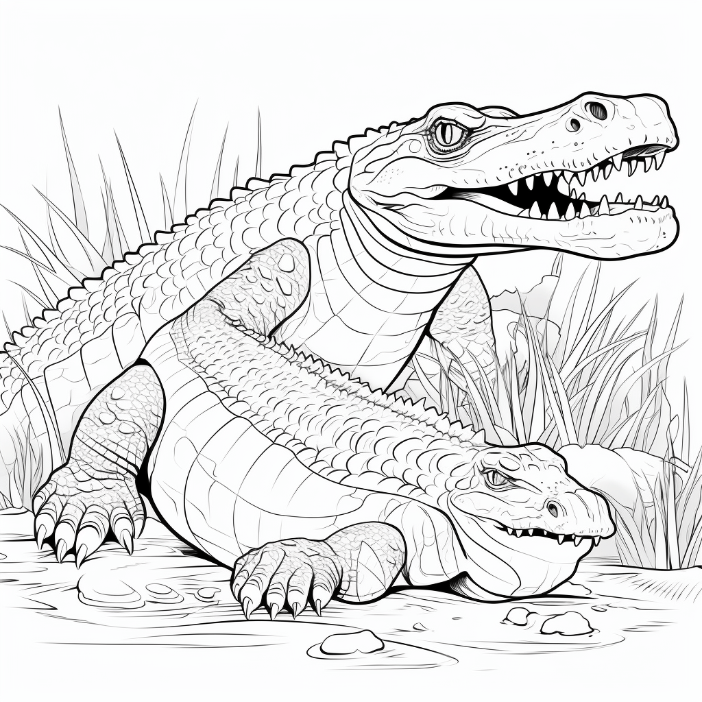 Nilkrokodil kämpft mit Schlange Ausmalbild und Malvorlage