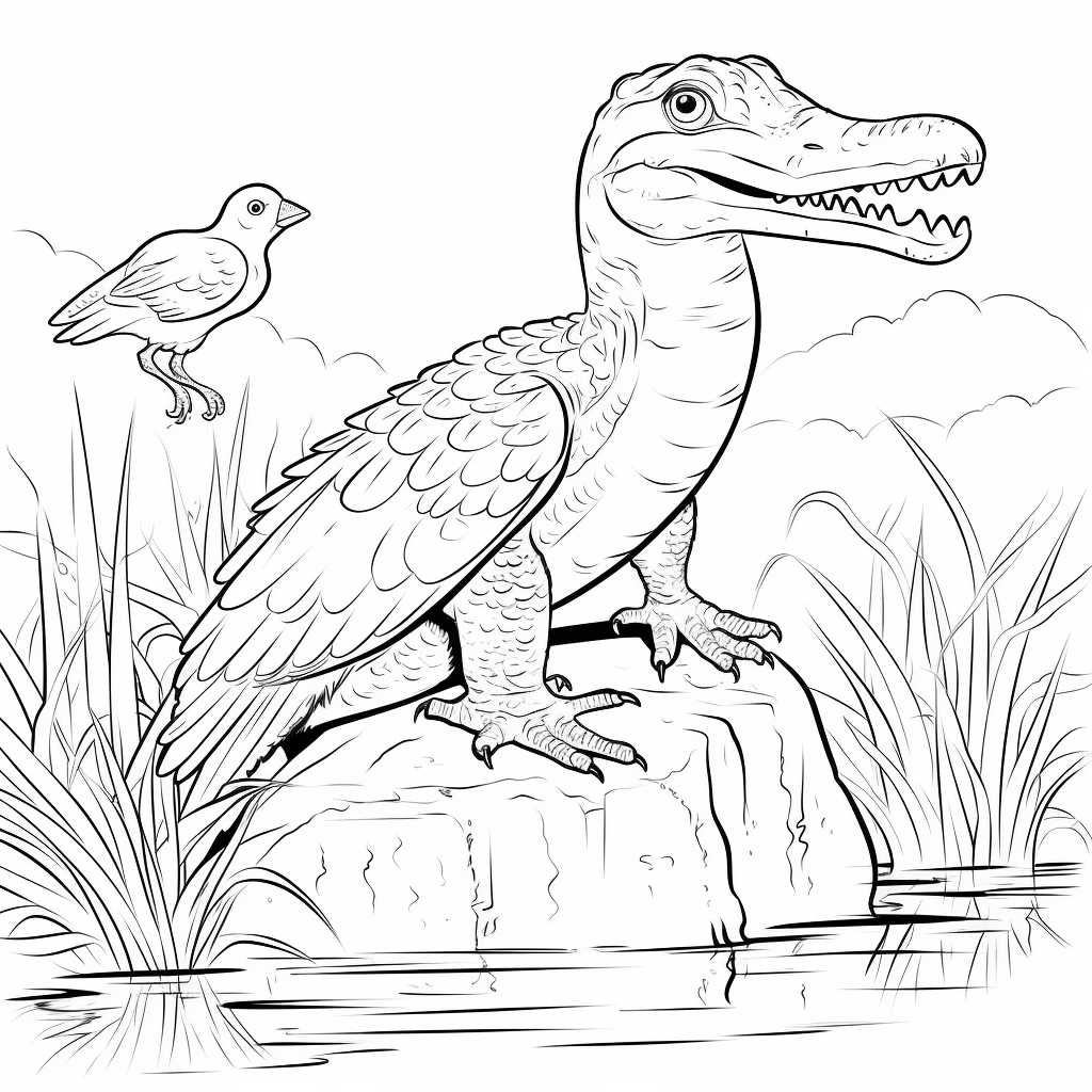 Nilkrokodil spielt mit Vogel Ausmalbild und Malvorlage