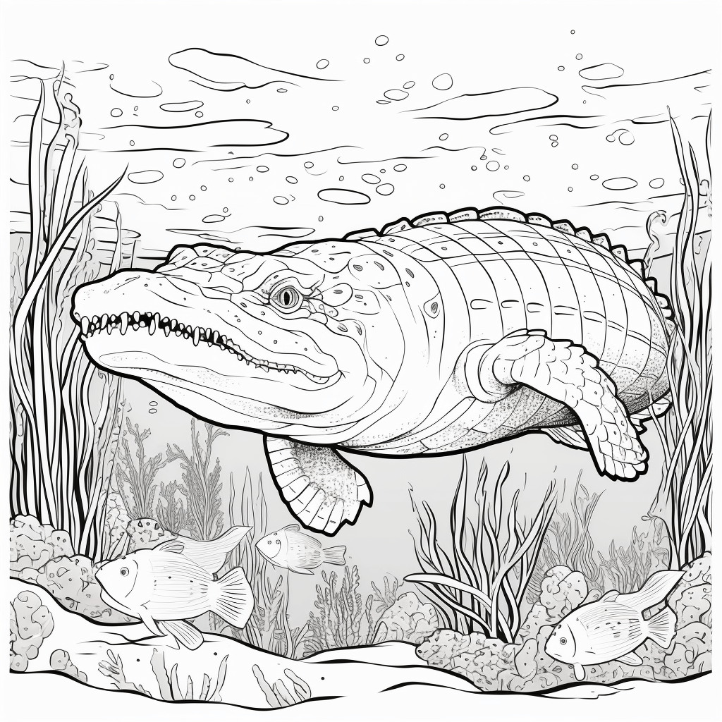 Nilkrokodil umringt von Fischen Ausmalbild und Malvorlage