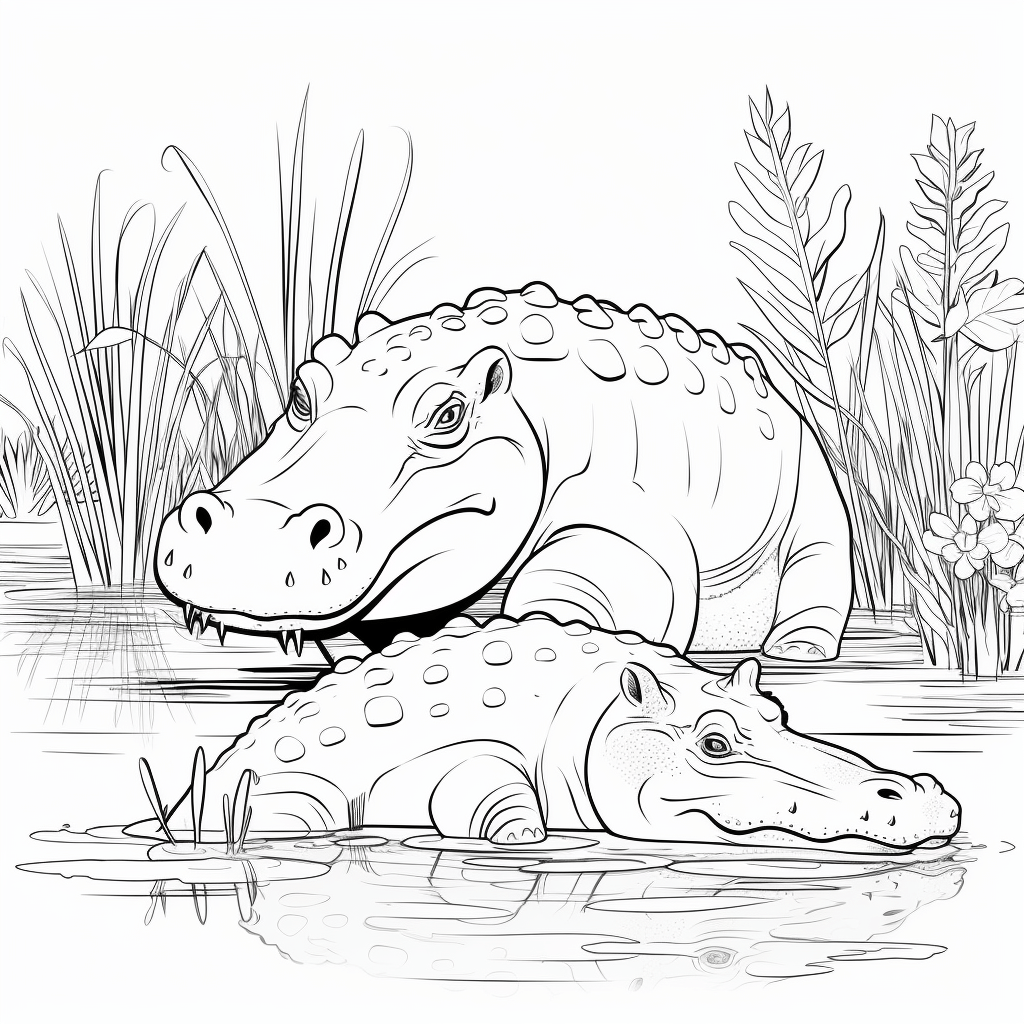 Nilkrokodil und Flusspferd Ausmalbild und Malvorlage