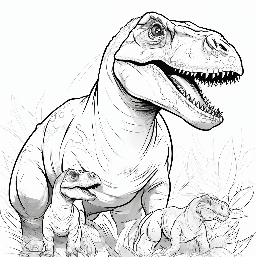 Papa-Tyrannosaurus Rex mit Baby-Tyrannosauriern Ausmalbild und Malvorlage