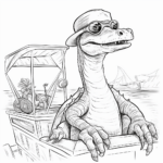 Plesiosaurus mit Hut und Sonnenbrille auf einem Boot Ausmalbild und Malvorlage