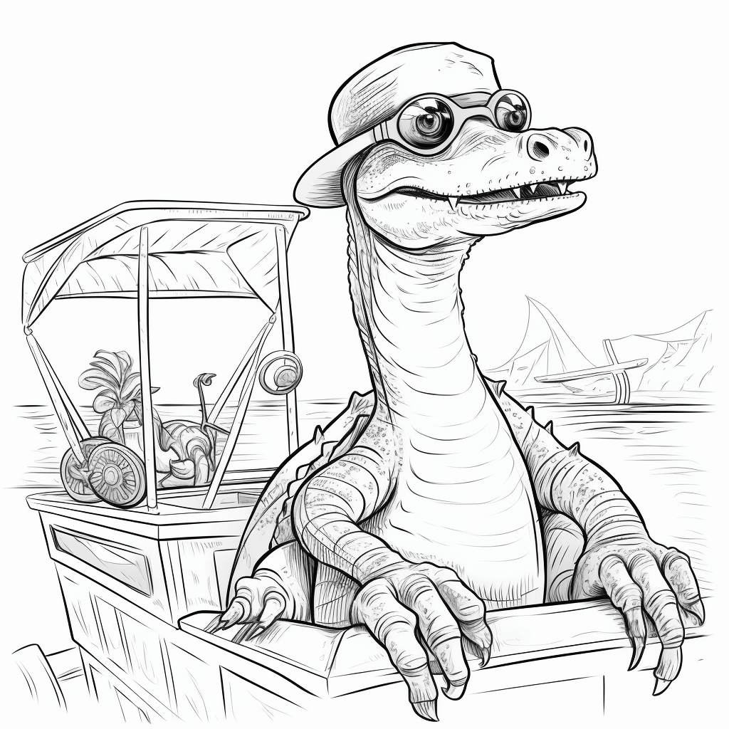 Plesiosaurus mit Hut und Sonnenbrille auf einem Boot Ausmalbild und Malvorlage