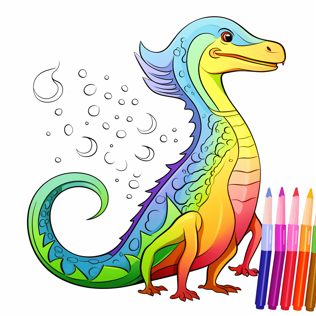 Plesiosaurus mit Regenbogenfarben bemalt Ausmalbild und Malvorlage