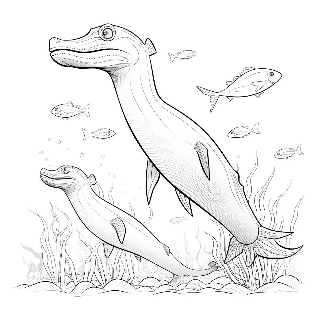 Plesiosaurus schwimmt mit seinem Kleinen Ausmalbild und Malvorlage