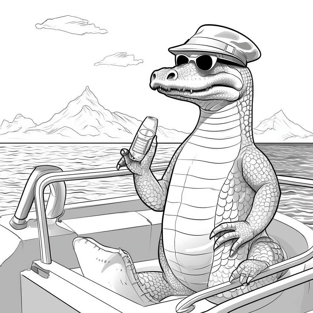 Plesiosaurus trägt einen Strohhut und eine coole Brille auf einem Segelboot Ausmalbild und Malvorlage