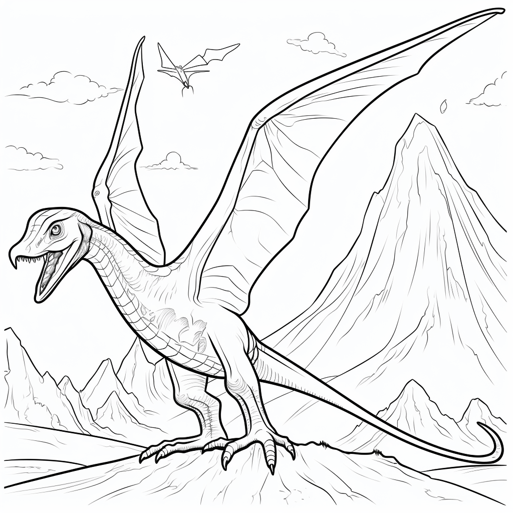 Pterodactylus fliegt über einen Vulkan Ausmalbild und Malvorlage