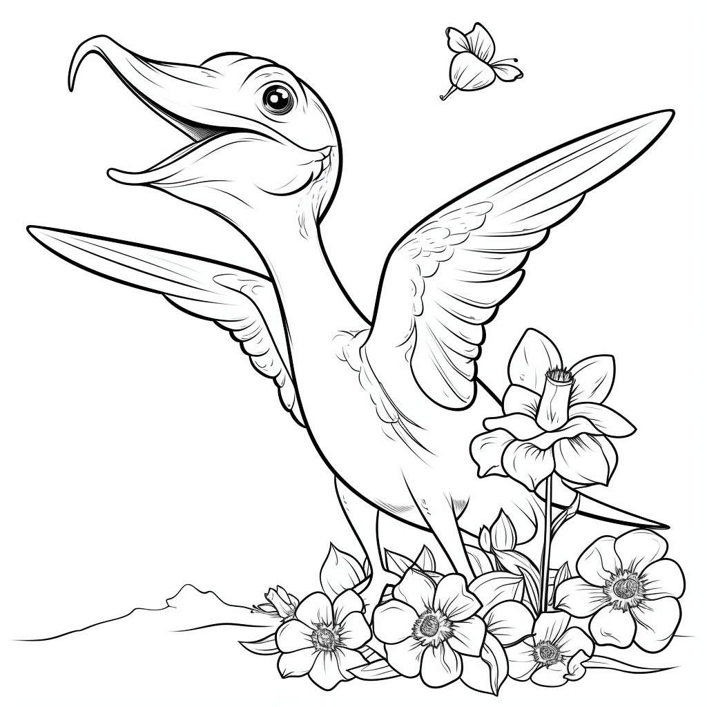 Pterodactylus mit Blumen im Maul Ausmalbild und Malvorlage