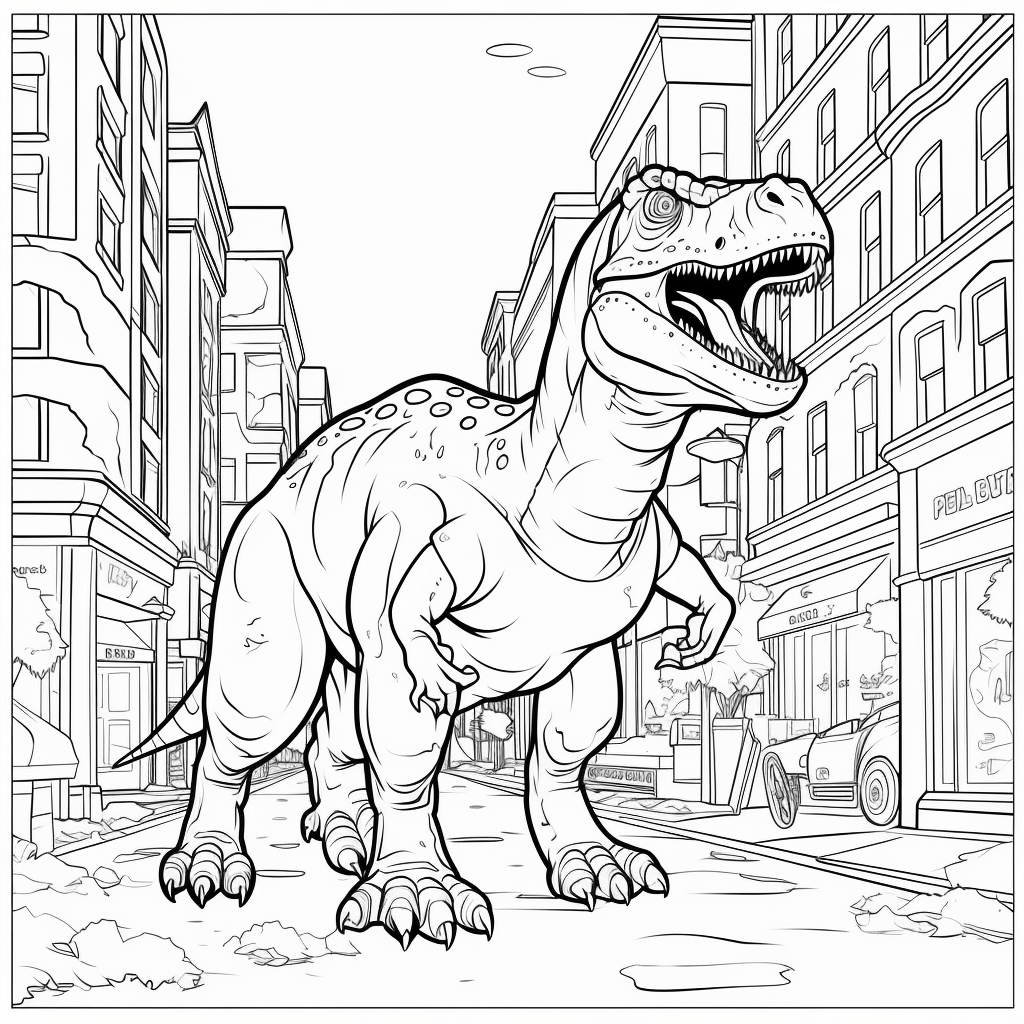 Riesiger Tyrannosaurus Rex in der Stadt Ausmalbild und Malvorlage