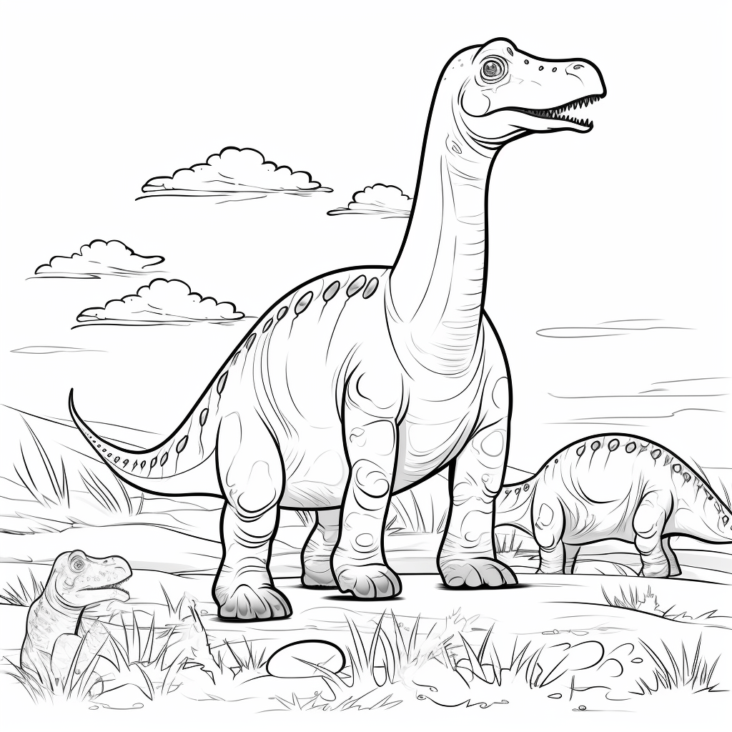 Schreckhafter Apatosaurus vor einem T-Rex Ausmalbild und Malvorlage