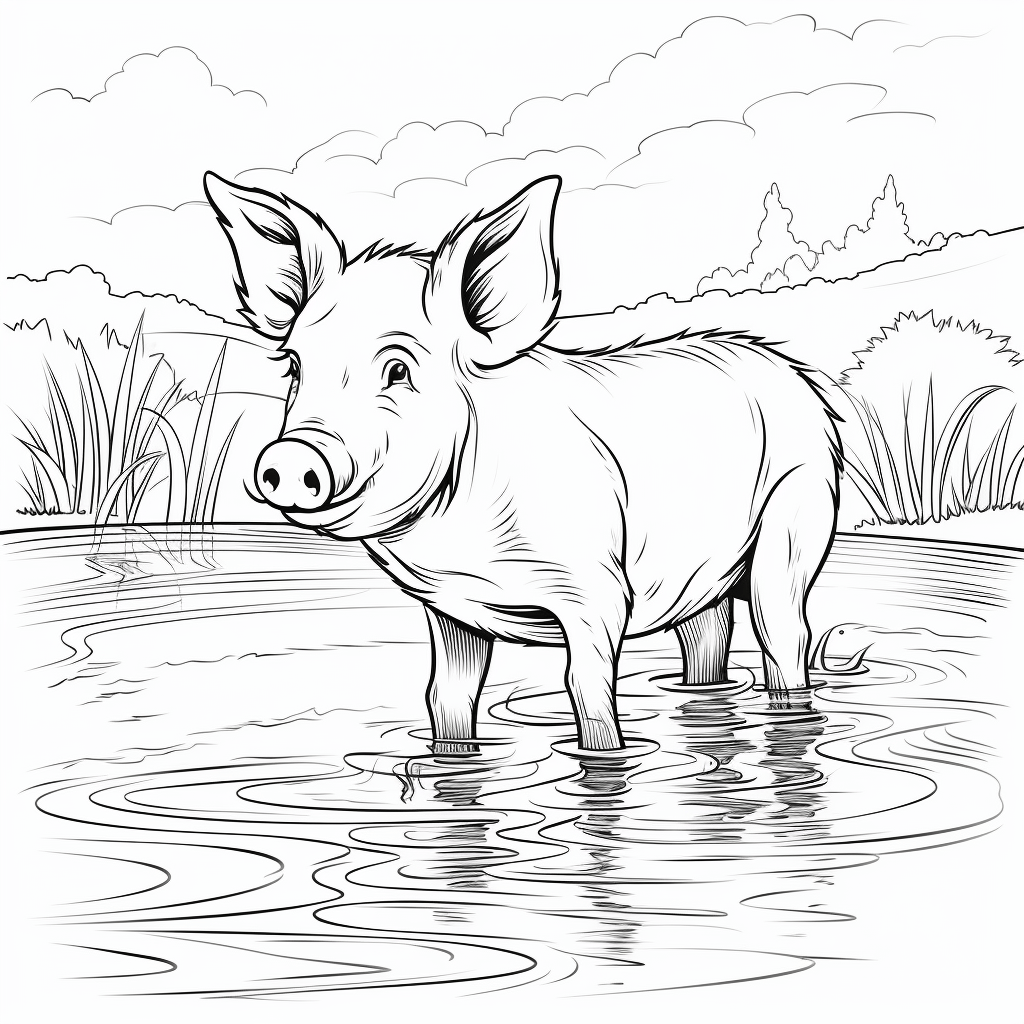 Schwein am Teich Ausmalbild und Malvorlage