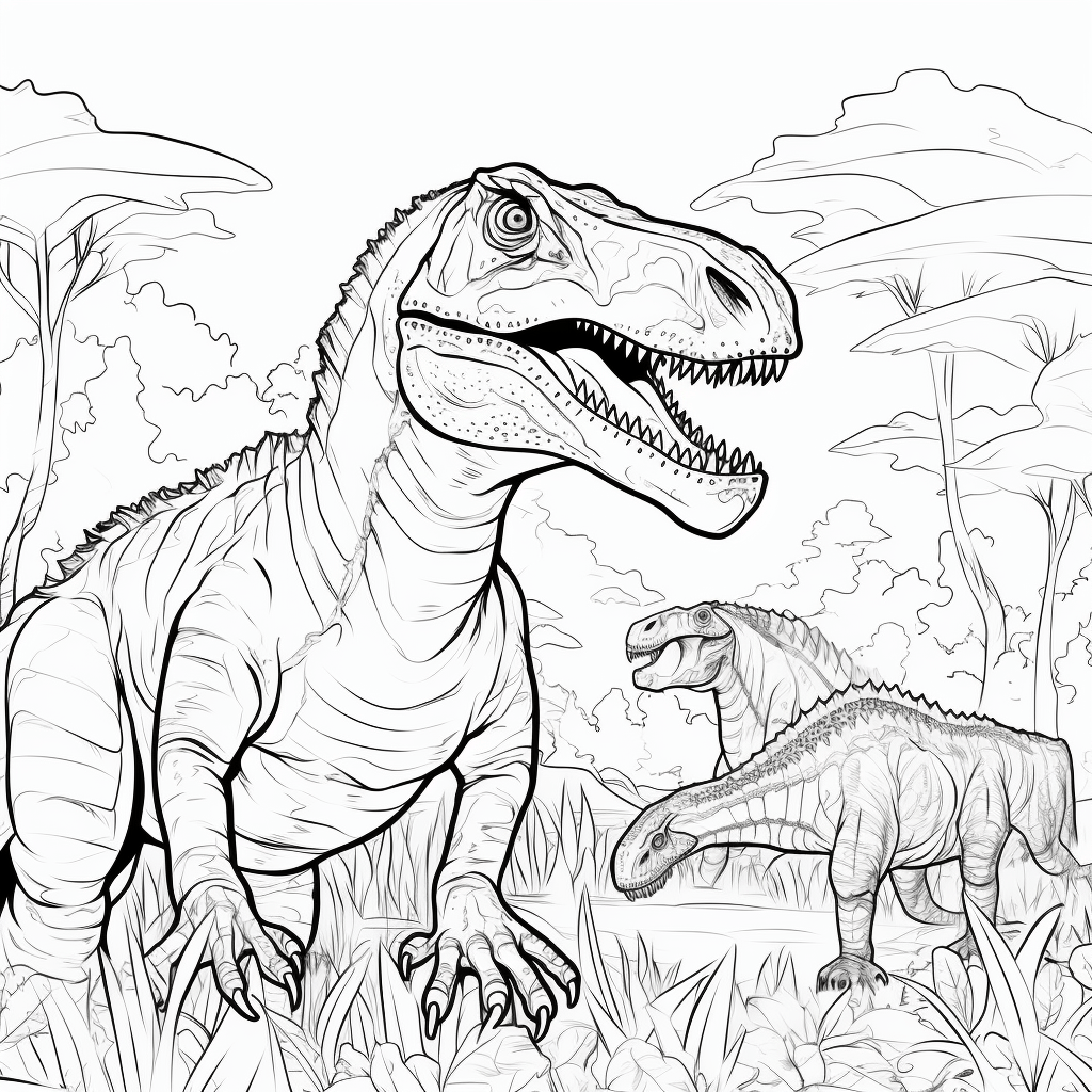 Spinosaurus kämpft mit T-Rex Ausmalbild und Malvorlage