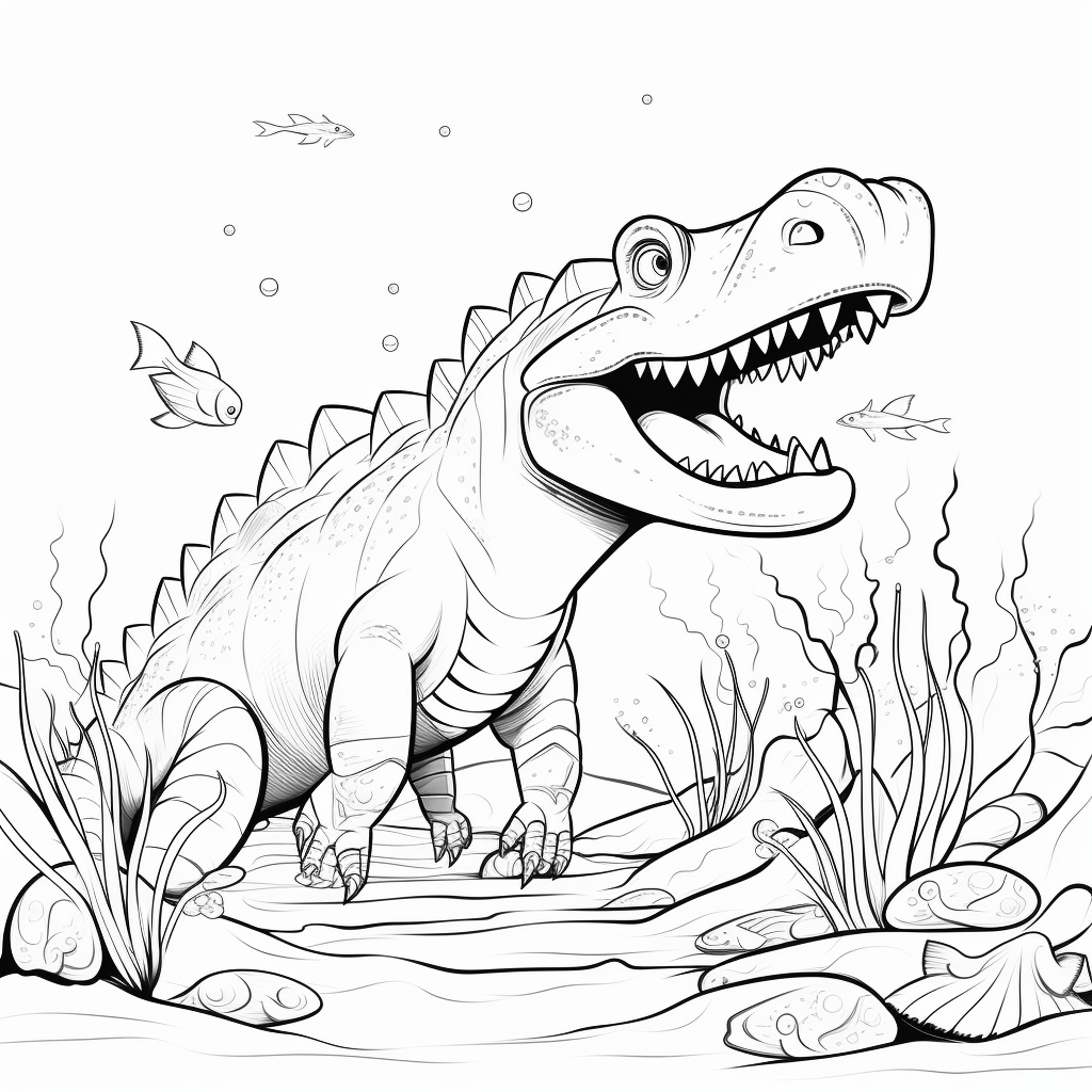 Spinosaurus mit Fisch Ausmalbild und Malvorlage