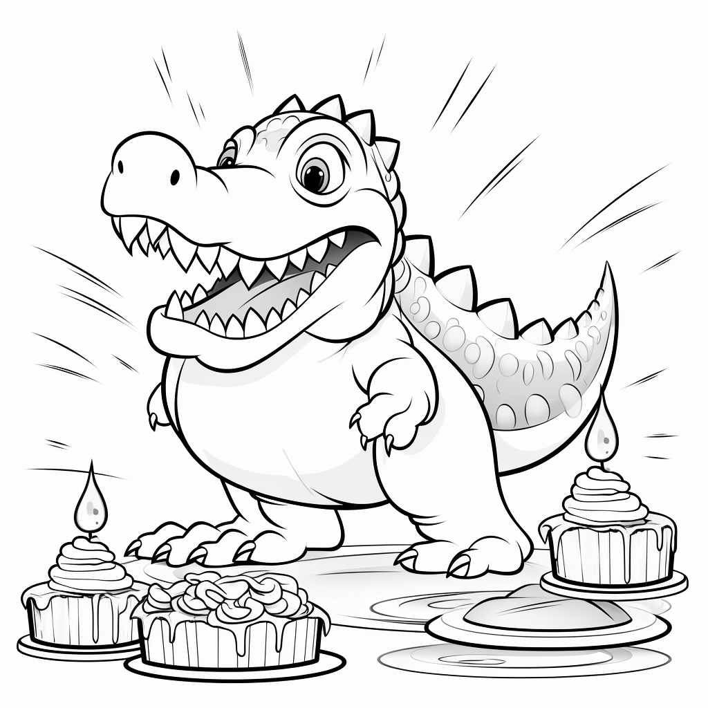 Spinosaurus nascht Kuchen Ausmalbild und Malvorlage