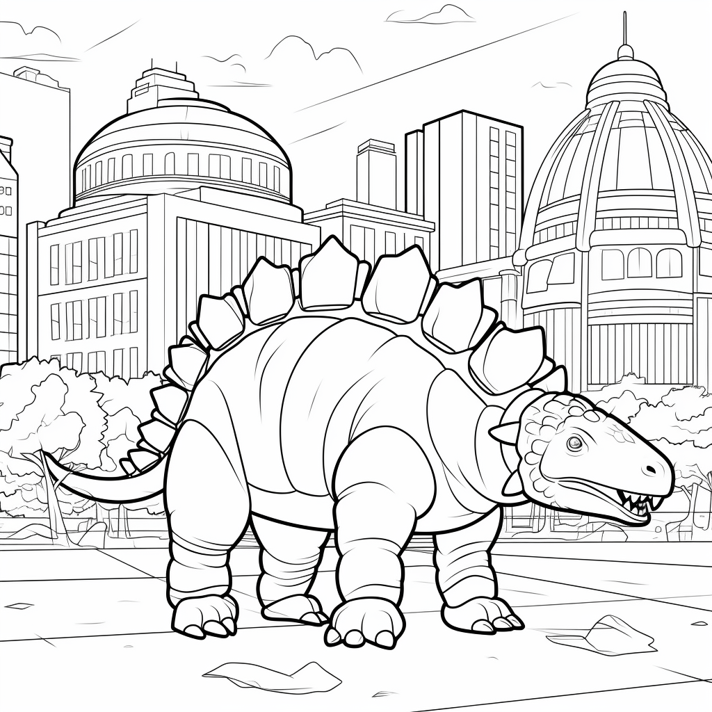 Stegosaurus in der Stadt Ausmalbild und Malvorlage