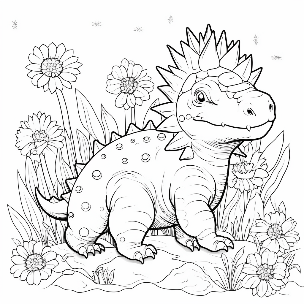 Stegosaurus trägt Blumen auf dem Rücken Ausmalbild und Malvorlage