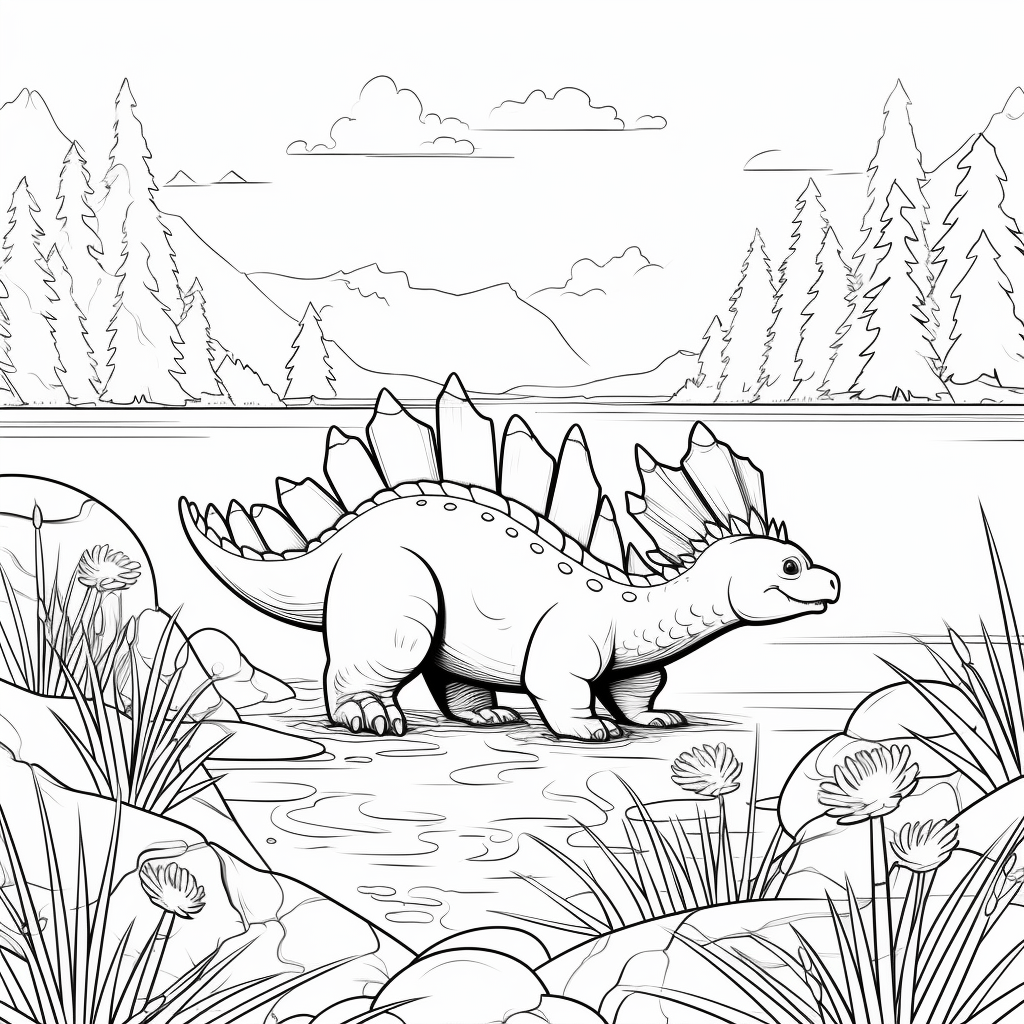 Stegosaurus trinkt aus dem See Ausmalbild und Malvorlage