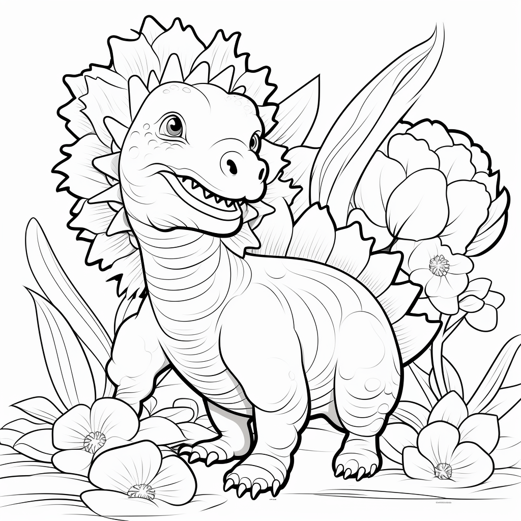 Stegosaurus umgeben von Blumen Ausmalbild und Malvorlage