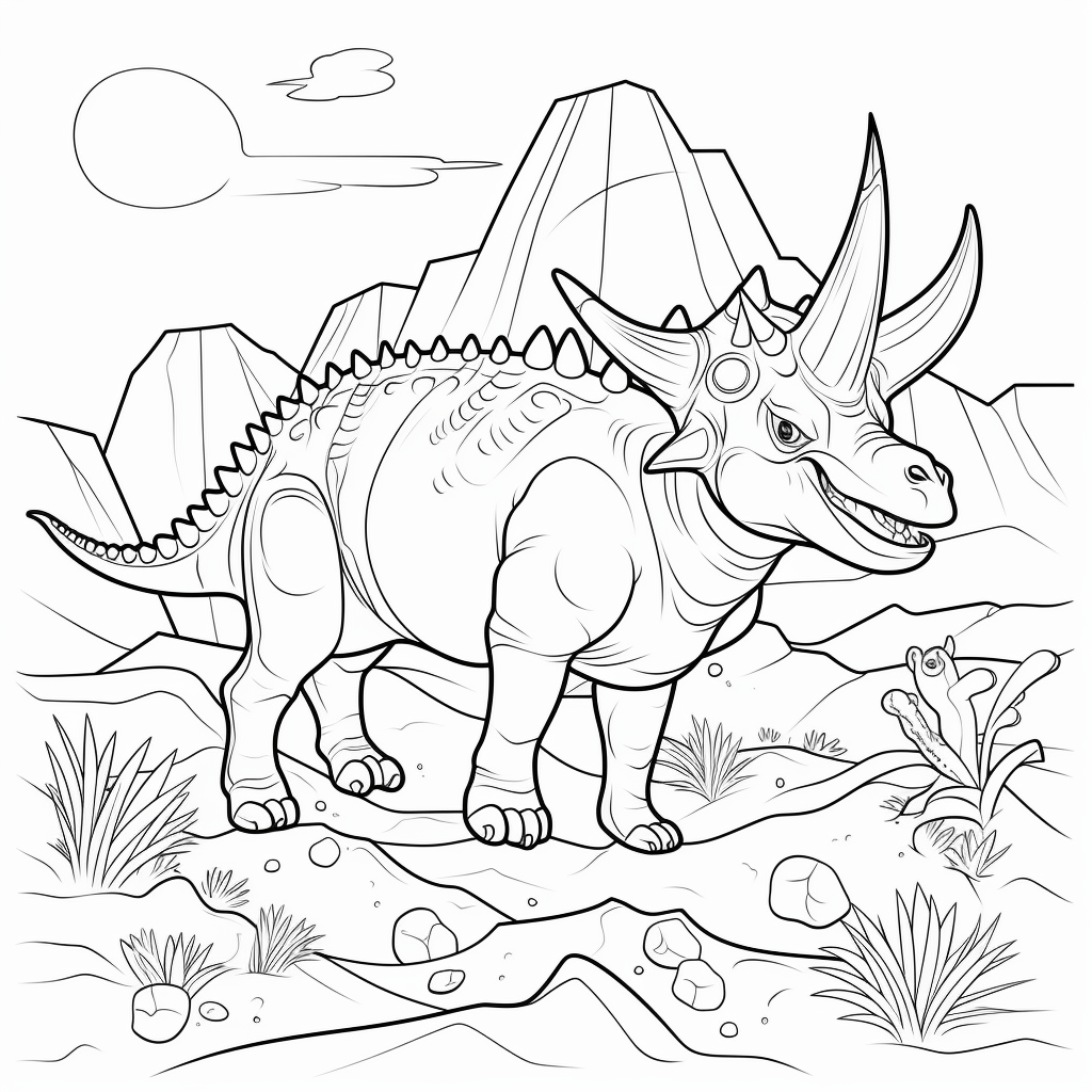 Triceratops bewundert Vulkan Ausmalbild und Malvorlage