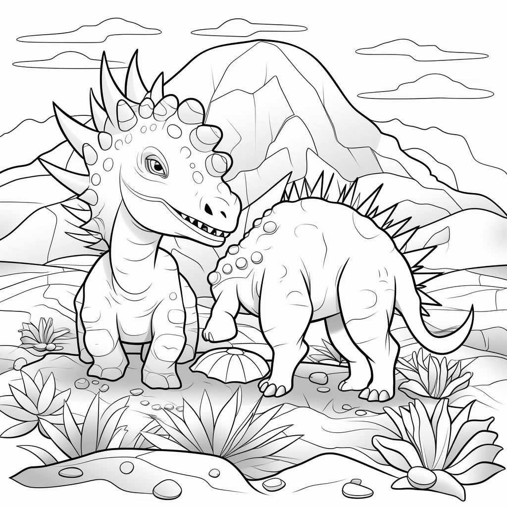 Triceratops spielt mit Stegosaurus Ausmalbild und Malvorlage
