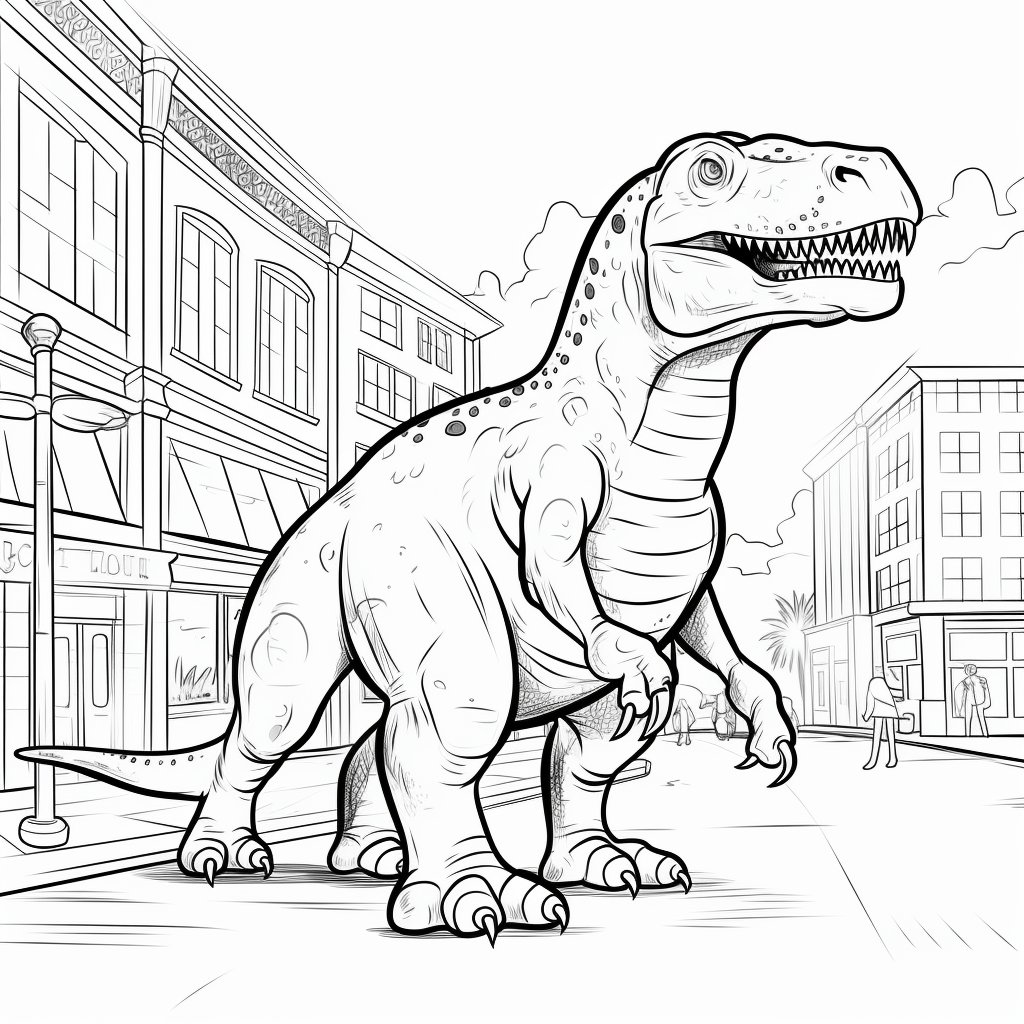 Tyrannosaurus Rex in der Stadt Ausmalbild und Malvorlage