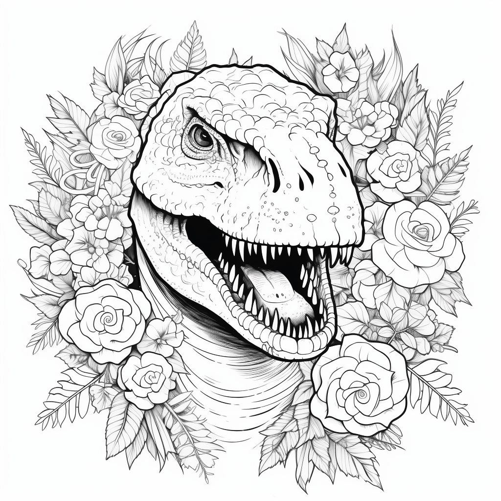 Tyrannosaurus Rex mit Blumenkranz auf dem Kopf Ausmalbild und Malvorlage