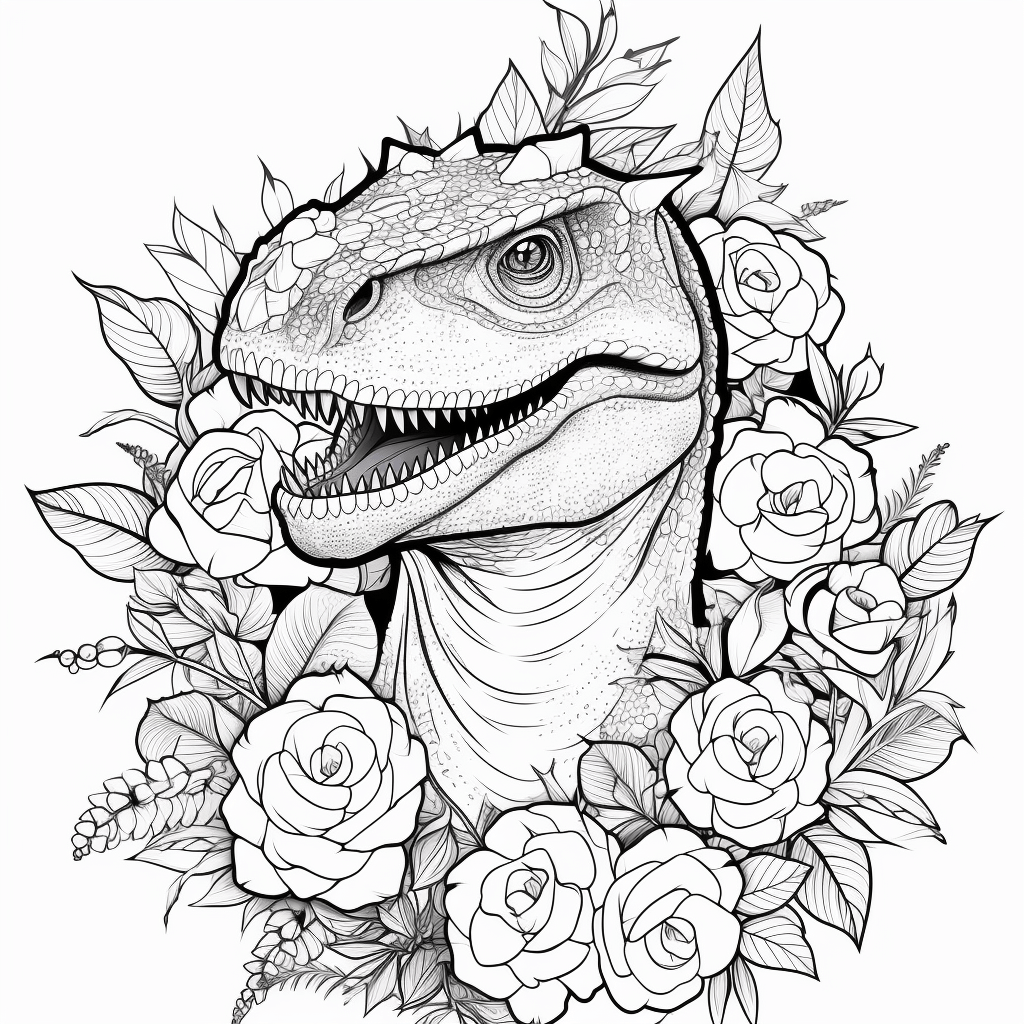 Tyrannosaurus Rex mit Blumenkranz und Schmetterlingen auf dem Kopf Ausmalbild und Malvorlage