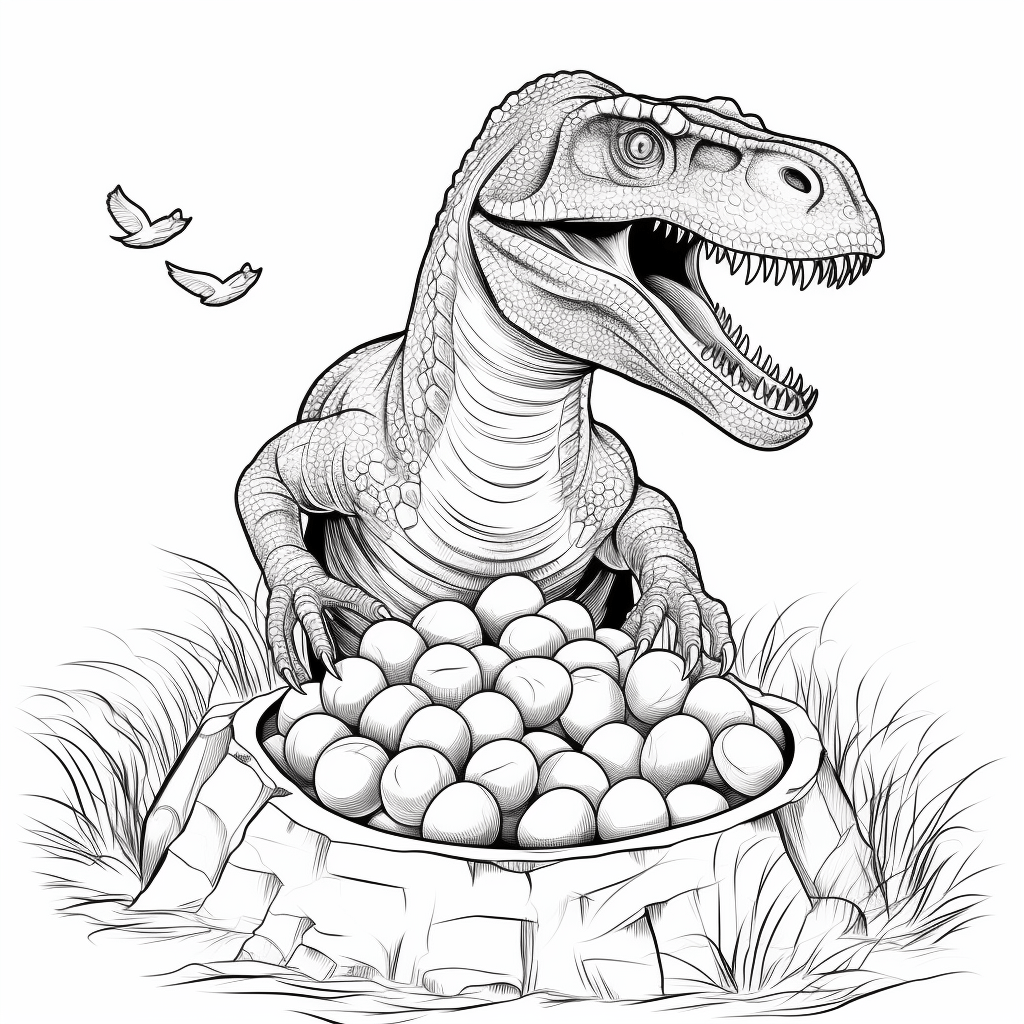 Tyrannosaurus Rex mit Eiern im Nest Ausmalbild und Malvorlage
