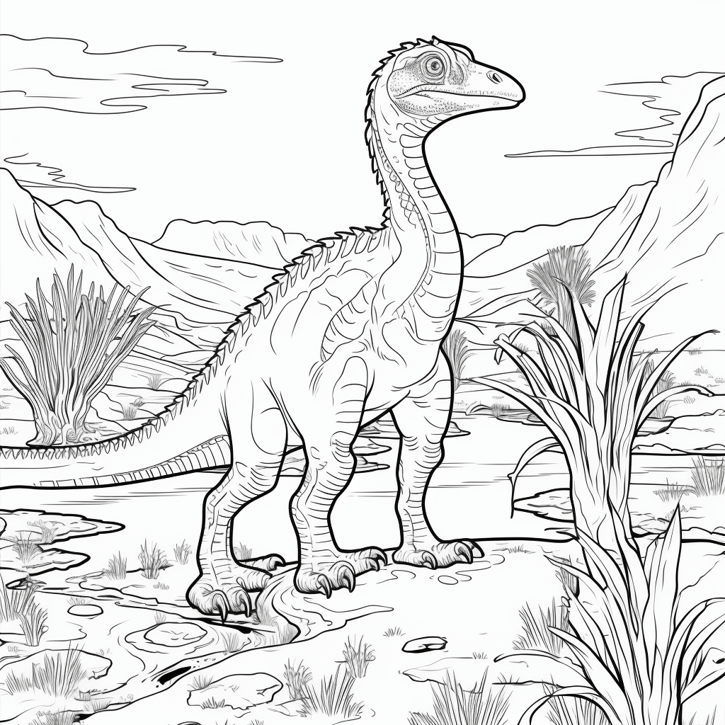 Utahraptor am Wasserloch mit Spiegelung Ausmalbild und Malvorlage