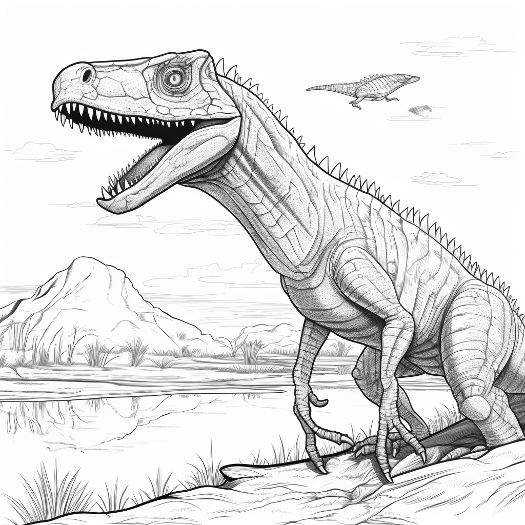Utahraptor am Wasserloch mit anderen Tieren Ausmalbild und Malvorlage
