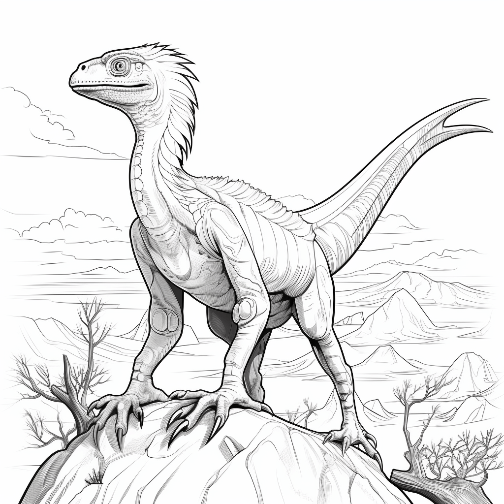 Utahraptor bei Sonnenuntergang mit Vulkanen Ausmalbild und Malvorlage