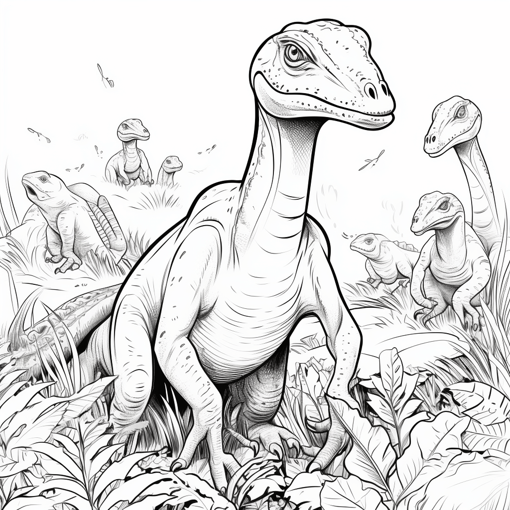 Utahraptor in der Herde mit Jungen Ausmalbild und Malvorlage