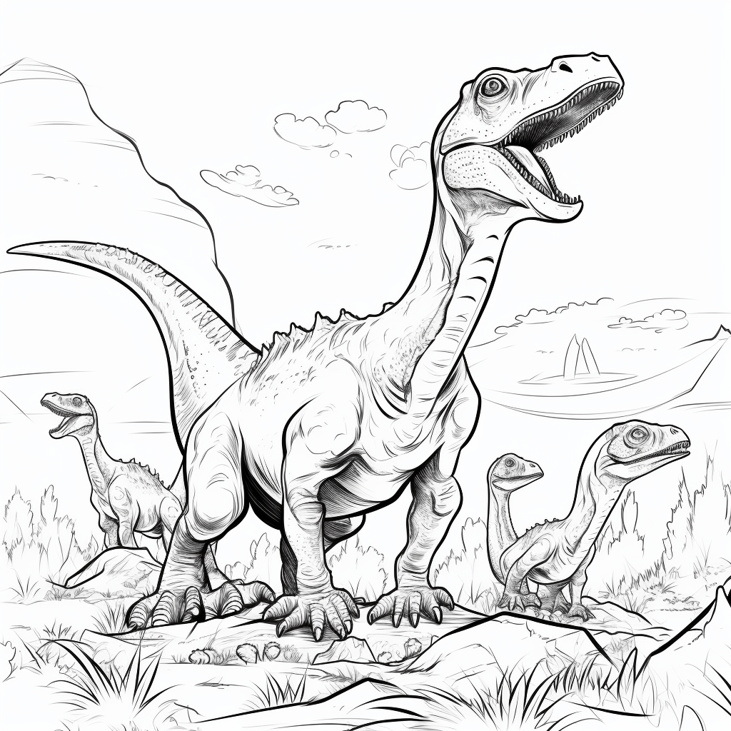 Utahraptor in der Herde mit anderen Dinosauriern Ausmalbild und Malvorlage