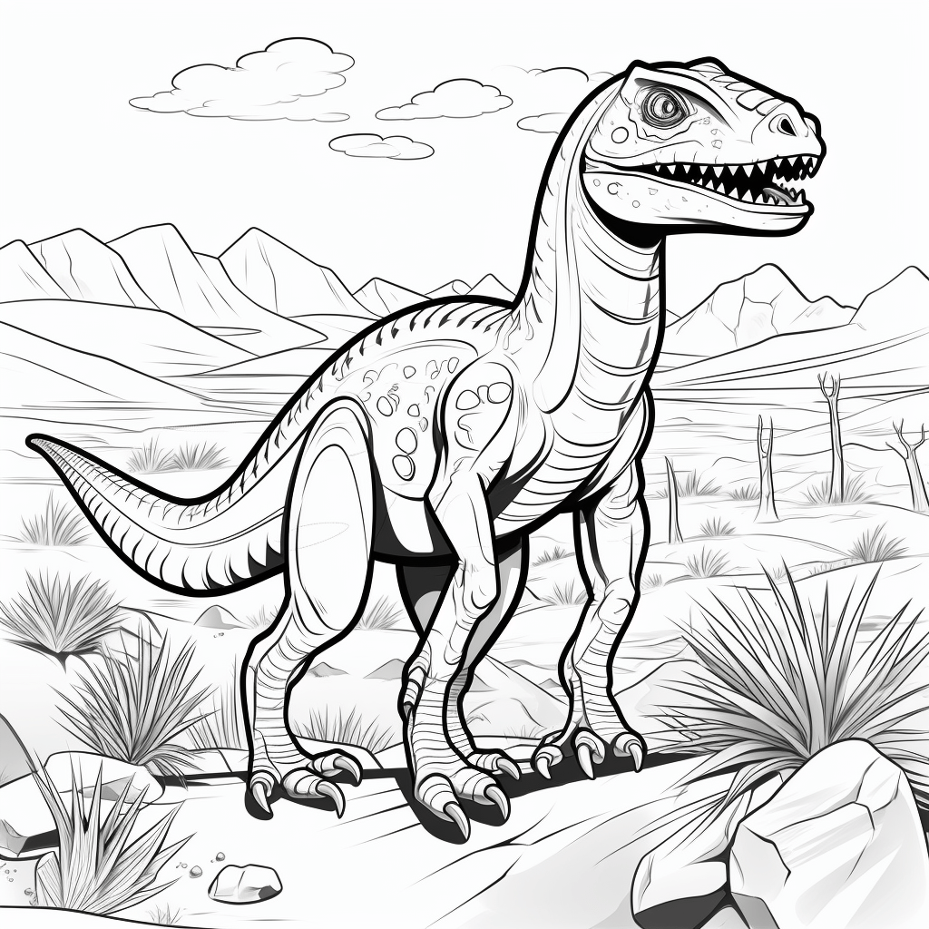 Utahraptor in der Trockenwüste Ausmalbild und Malvorlage