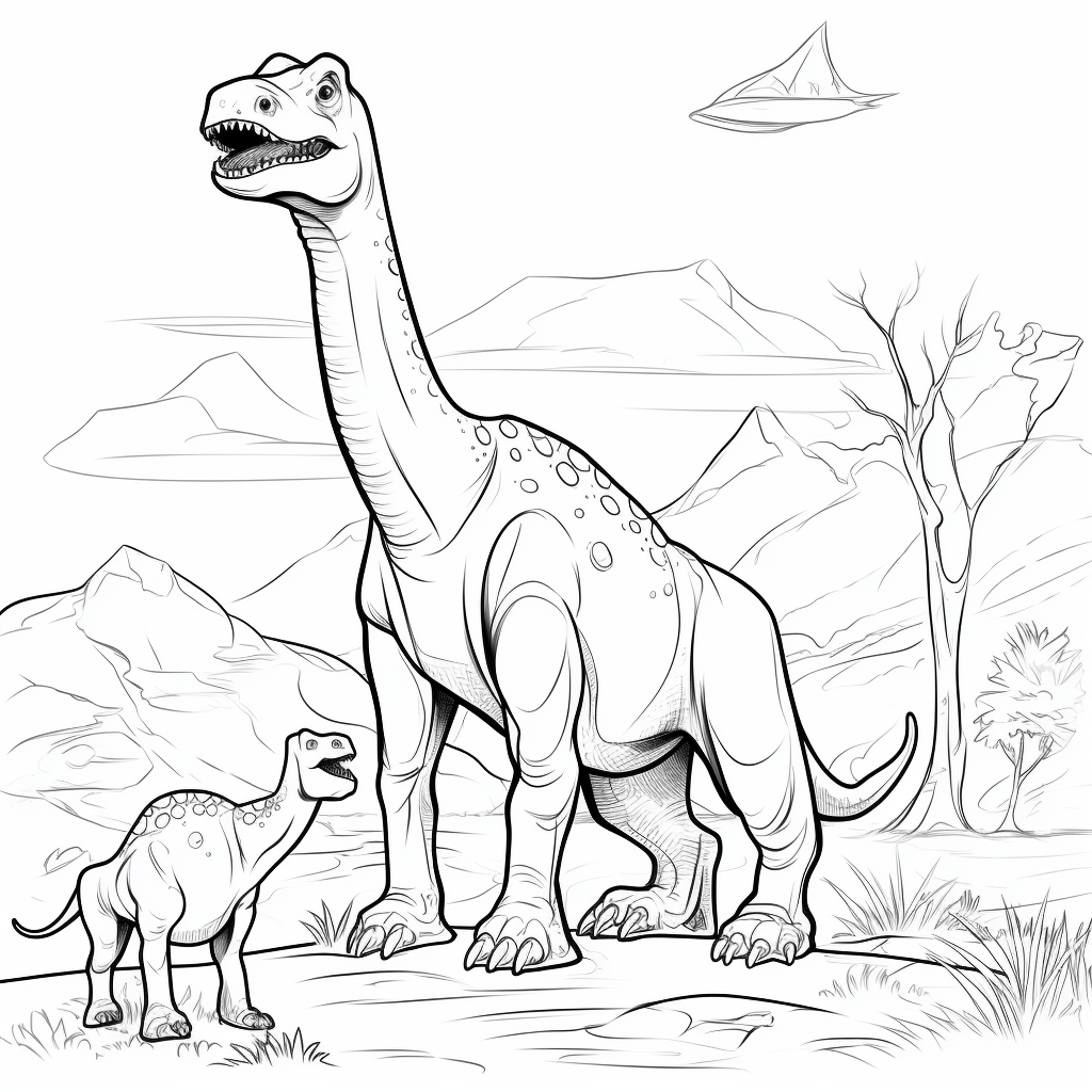 Vorsichtiger Apatosaurus vor einem T-Rex Ausmalbild und Malvorlage