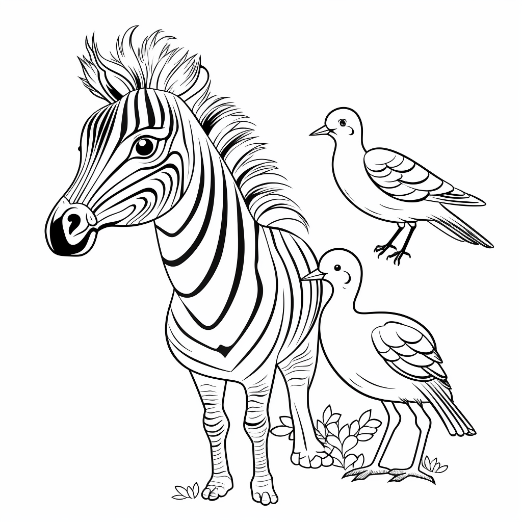 Zebra beobachtet Vogel Ausmalbild und Malvorlage