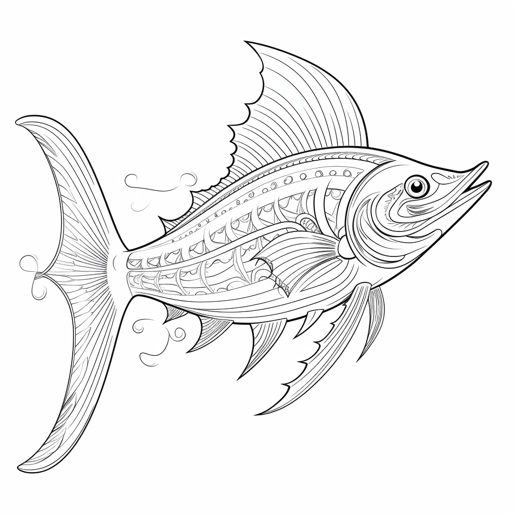 Abenteuerlicher Schwertfisch mit Anker-Tattoo Ausmalbild und Malvorlage