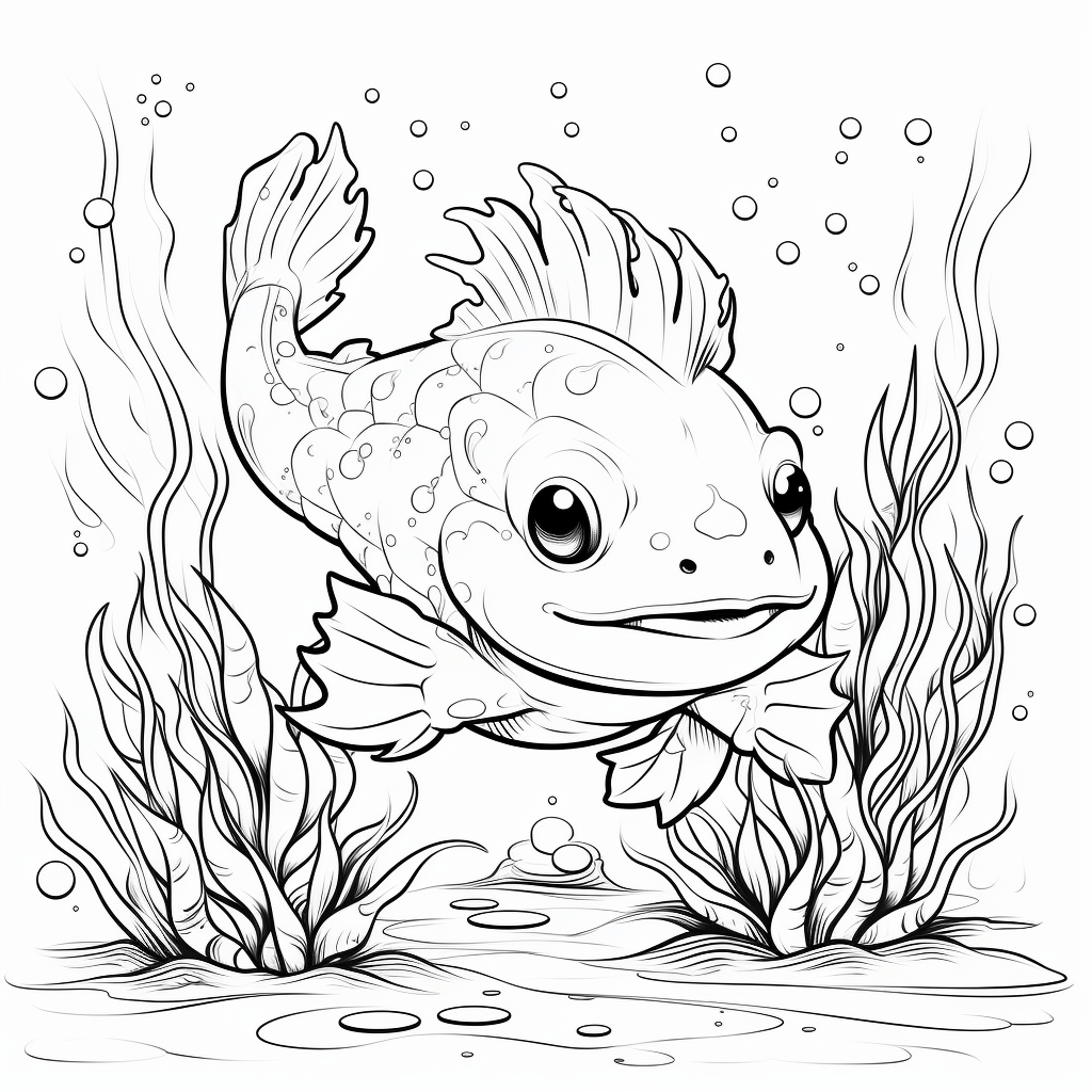 Axolotl mit Fisch Ausmalbild und Malvorlage