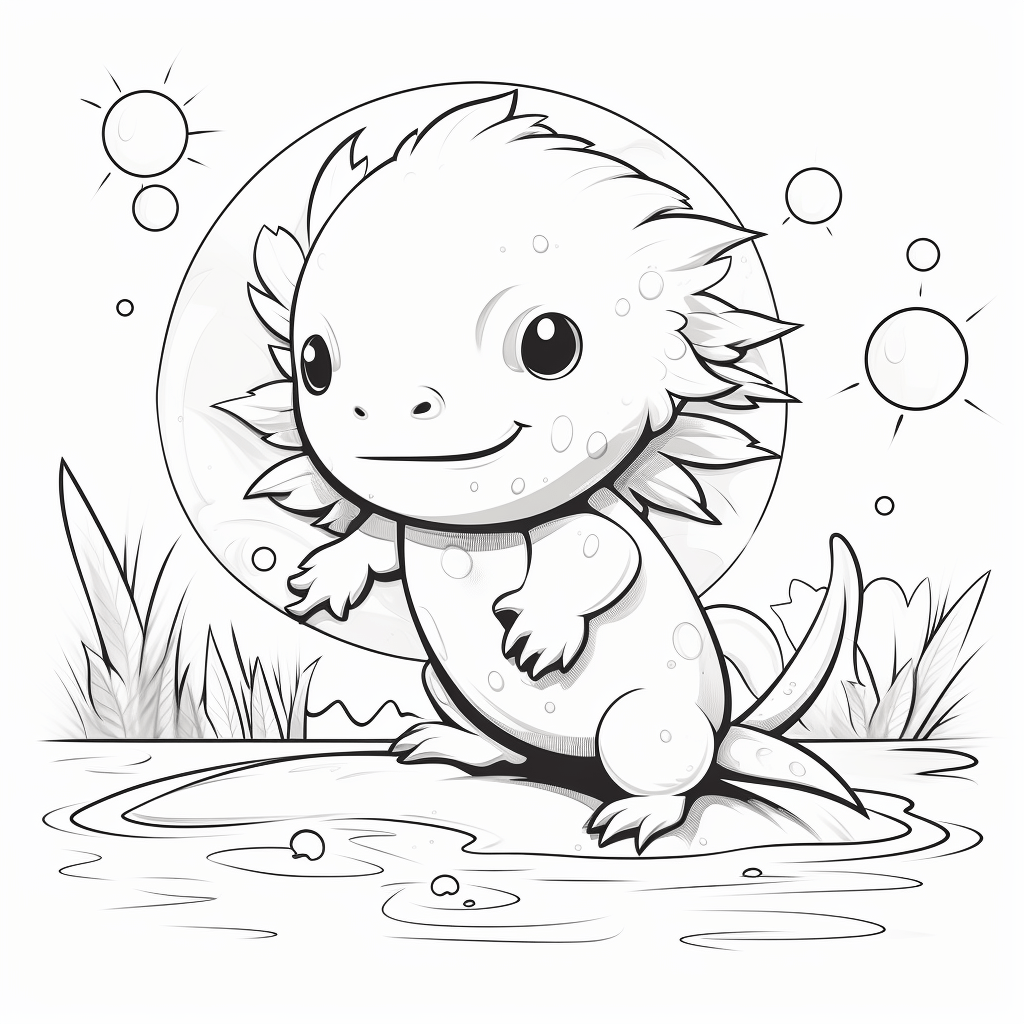 Axolotl mit Mond Ausmalbild und Malvorlage