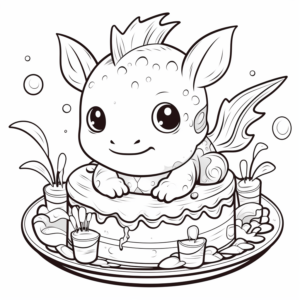 Axolotl teilt Kuchen Ausmalbild und Malvorlage