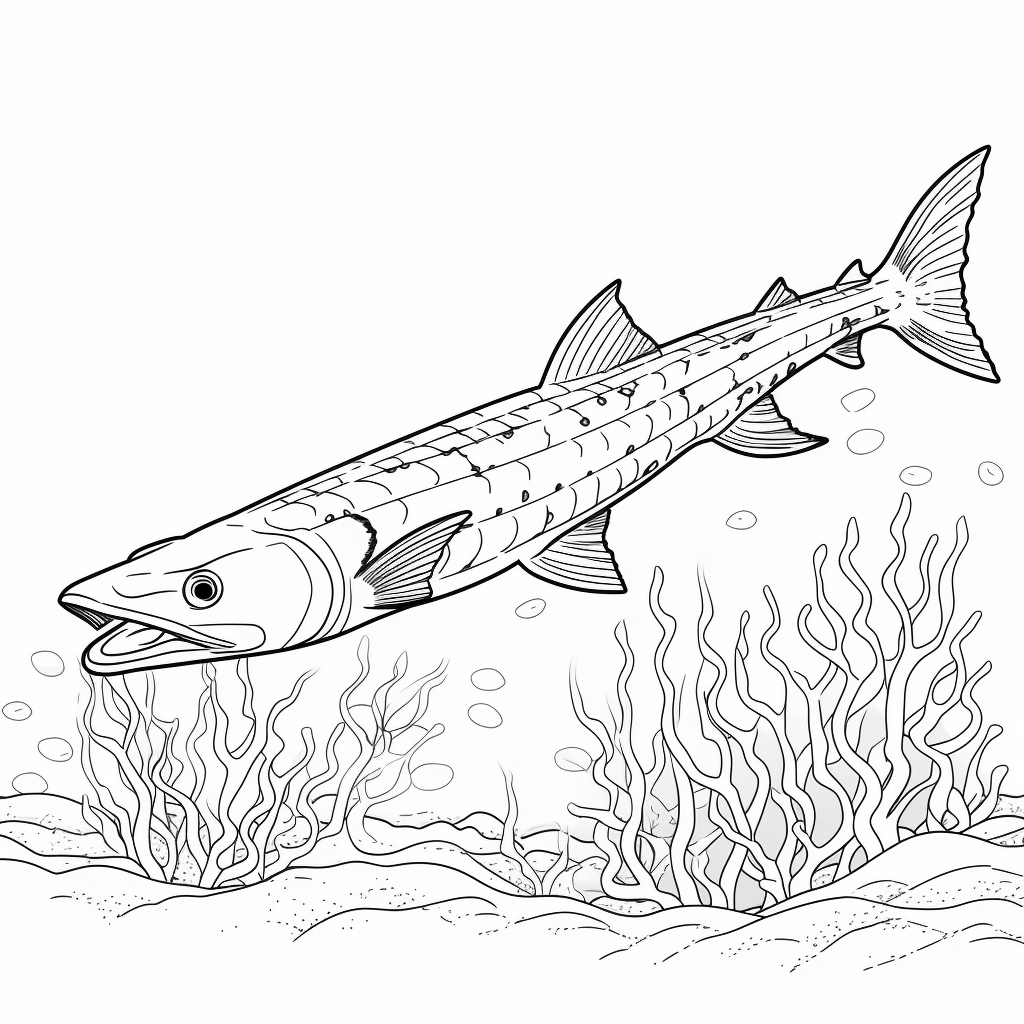 Barrakuda schwimmt im Riff Ausmalbild und Malvorlage