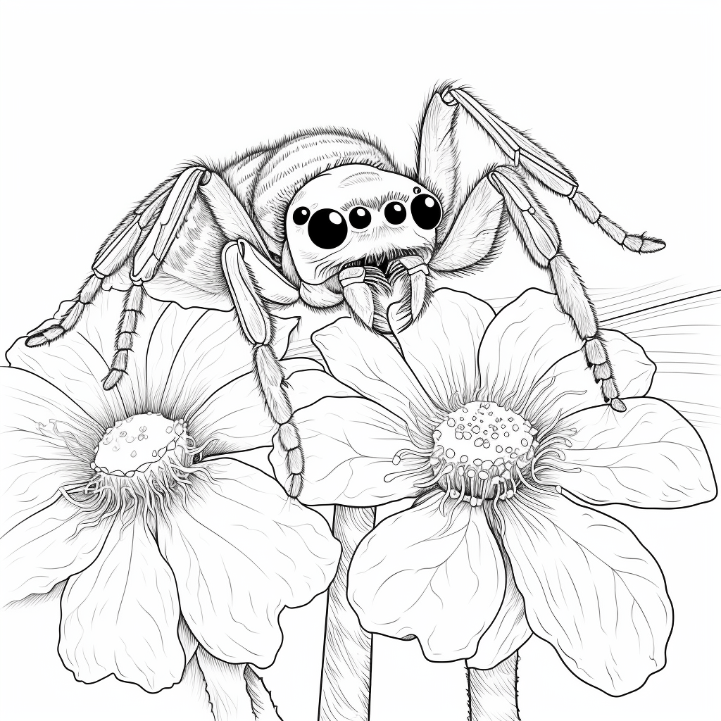 Blume mit Springspinne Ausmalbild und Malvorlage
