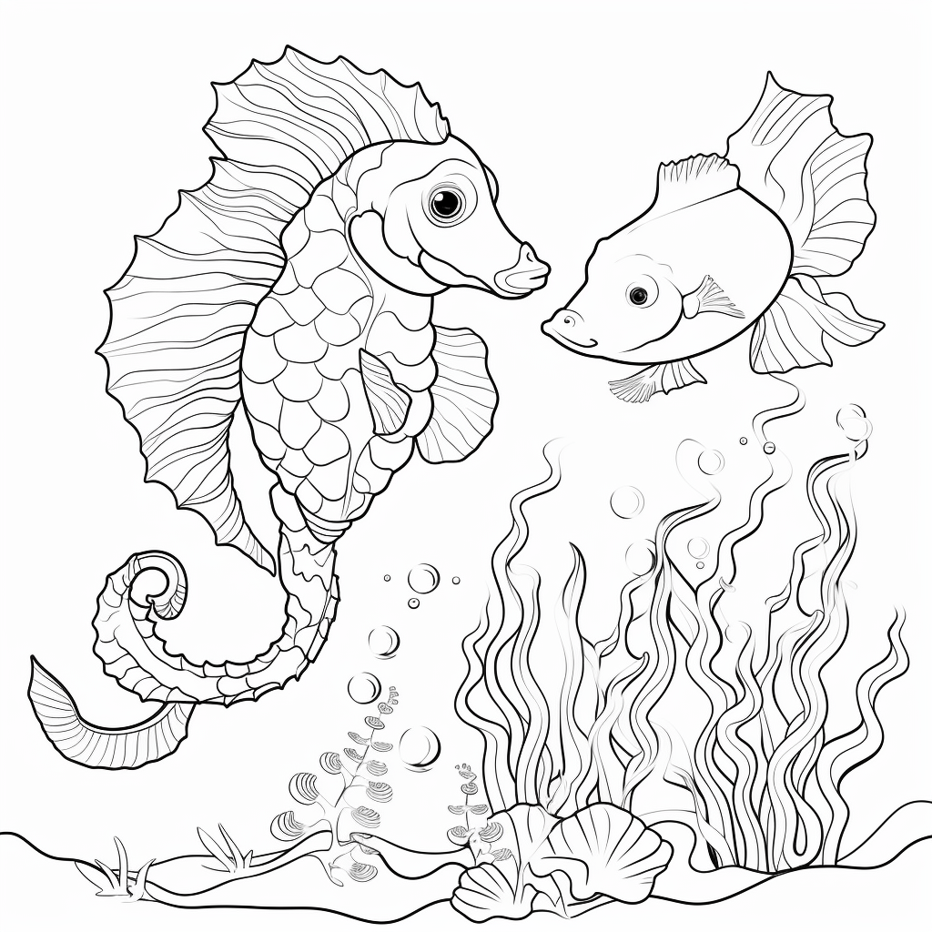 Clownfisch küsst Seepferdchen Ausmalbild und Malvorlage