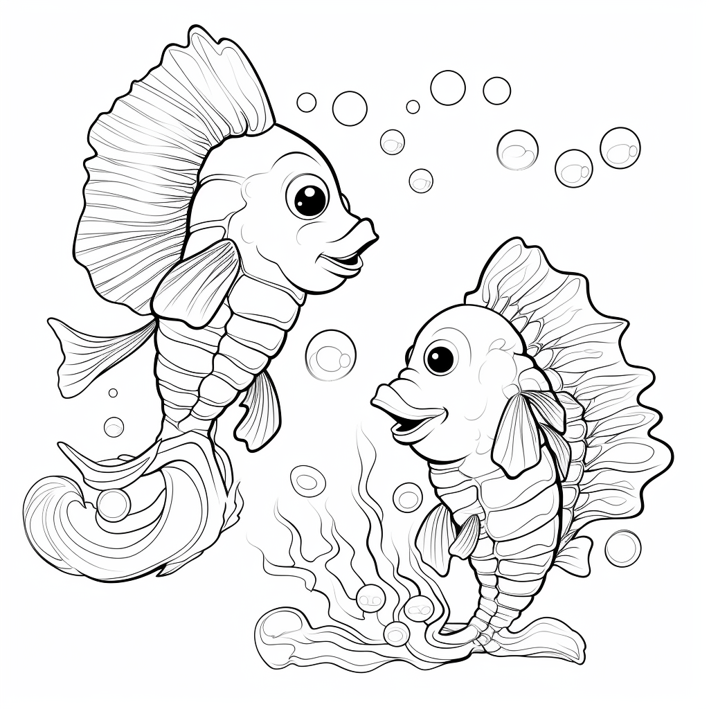 Clownfisch schwimmt mit Seepferdchen Ausmalbild und Malvorlage