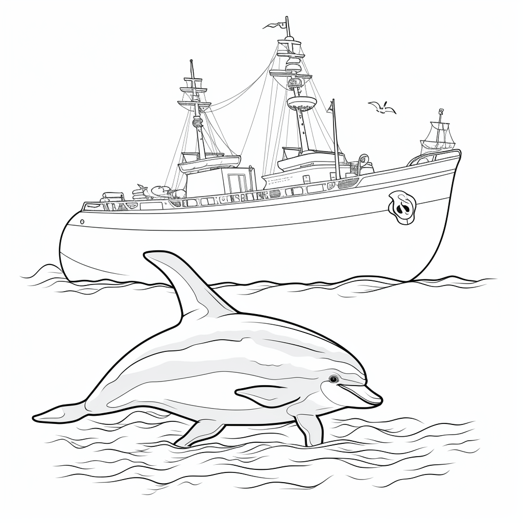 Delfin umkreist Schiff Ausmalbild und Malvorlage